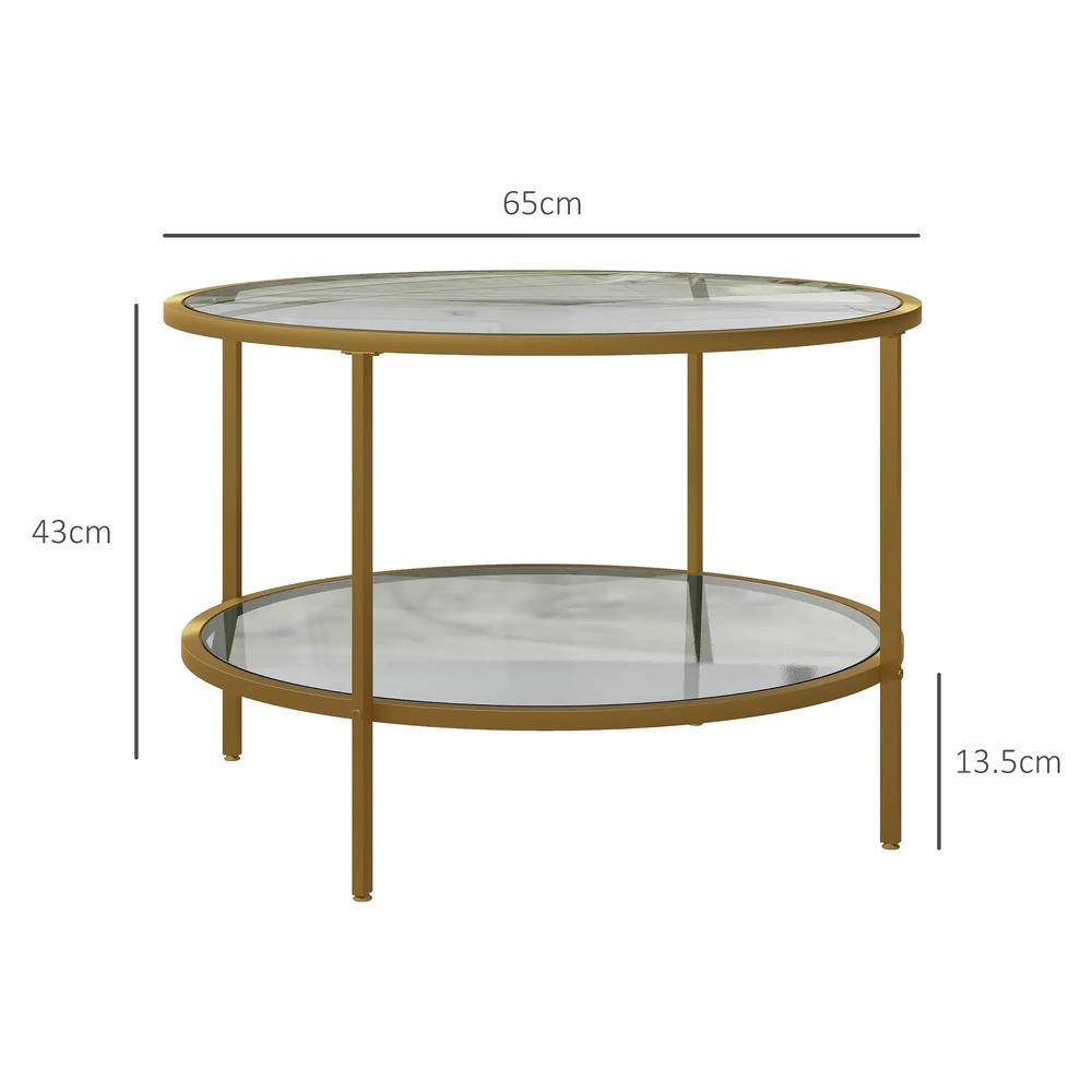 HOMCOM Round Coffee Table with Storage, 2-Tier Tempered Glass Coffee Table with Steel Frame for Living Room, Gold Tone Additional View 3