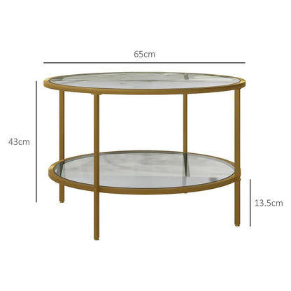 HOMCOM Round Coffee Table with Storage, 2-Tier Tempered Glass Coffee Table with Steel Frame for Living Room, Gold Tone Additional View 3