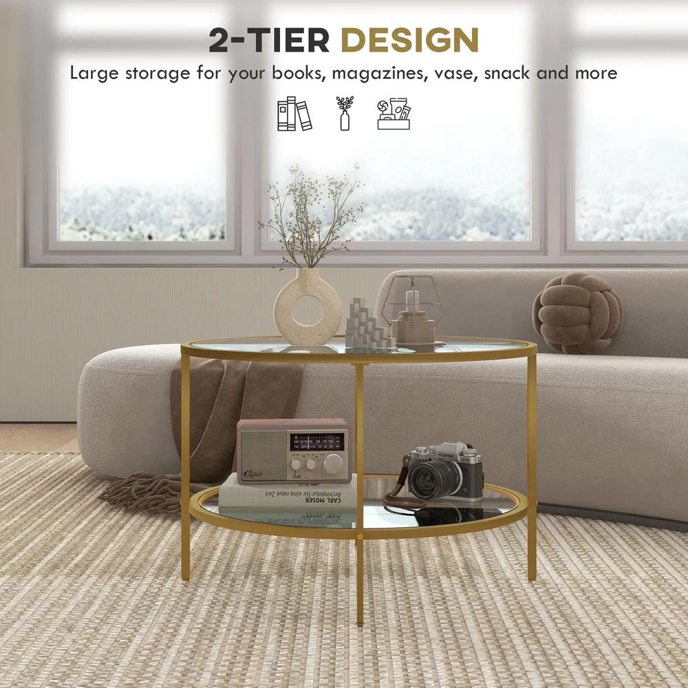HOMCOM Round Coffee Table with Storage, 2-Tier Tempered Glass Coffee Table with Steel Frame for Living Room, Gold Tone Additional View 4