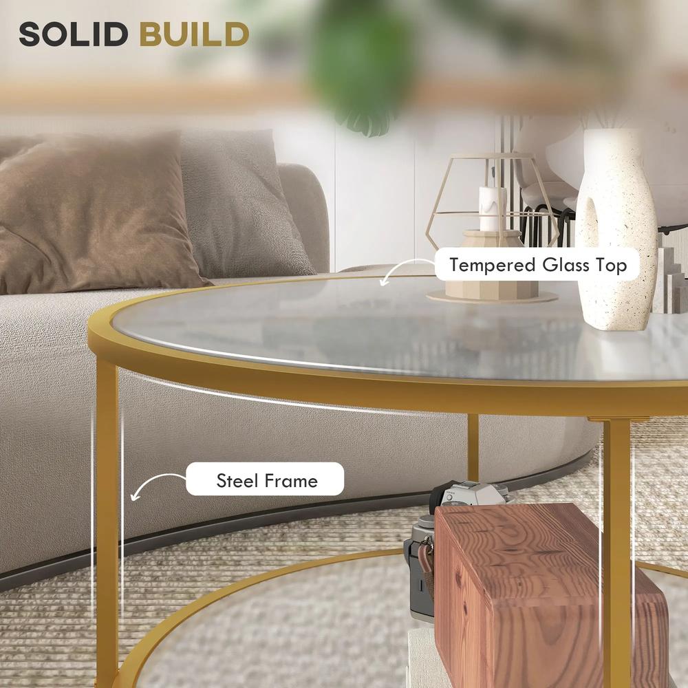 HOMCOM Round Coffee Table with Storage, 2-Tier Tempered Glass Coffee Table with Steel Frame for Living Room, Gold Tone Additional View 5
