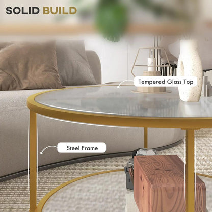 HOMCOM Round Coffee Table with Storage, 2-Tier Tempered Glass Coffee Table with Steel Frame for Living Room, Gold Tone Additional View 5