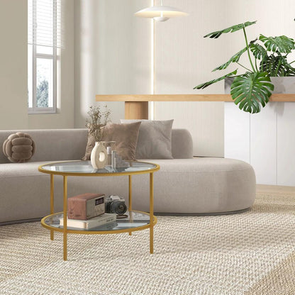 HOMCOM Round Coffee Table with Storage, 2-Tier Tempered Glass Coffee Table with Steel Frame for Living Room, Gold Tone Additional View 7