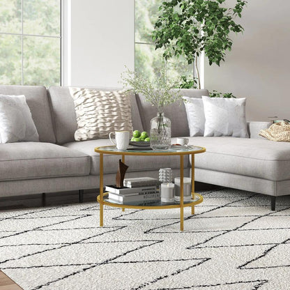 HOMCOM Round Coffee Table with Storage, 2-Tier Tempered Glass Coffee Table with Steel Frame for Living Room, Gold Tone Additional View 8