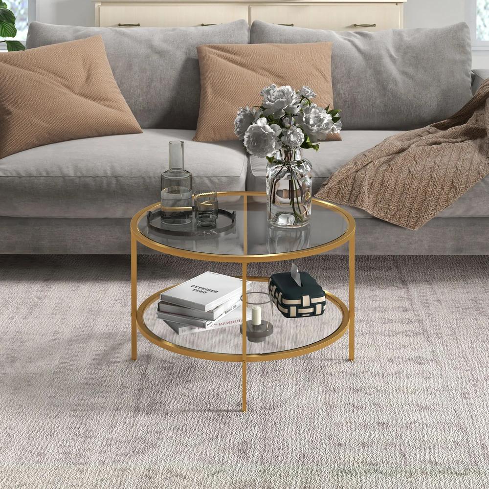 HOMCOM Round Coffee Table with Storage, 2-Tier Tempered Glass Coffee Table with Steel Frame for Living Room, Gold Tone Additional View 9