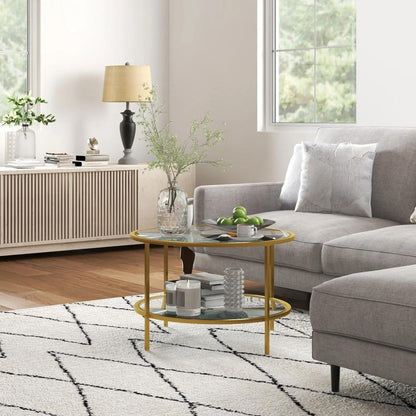 HOMCOM Round Coffee Table with Storage, 2-Tier Tempered Glass Coffee Table with Steel Frame for Living Room, Gold Tone Additional View 10