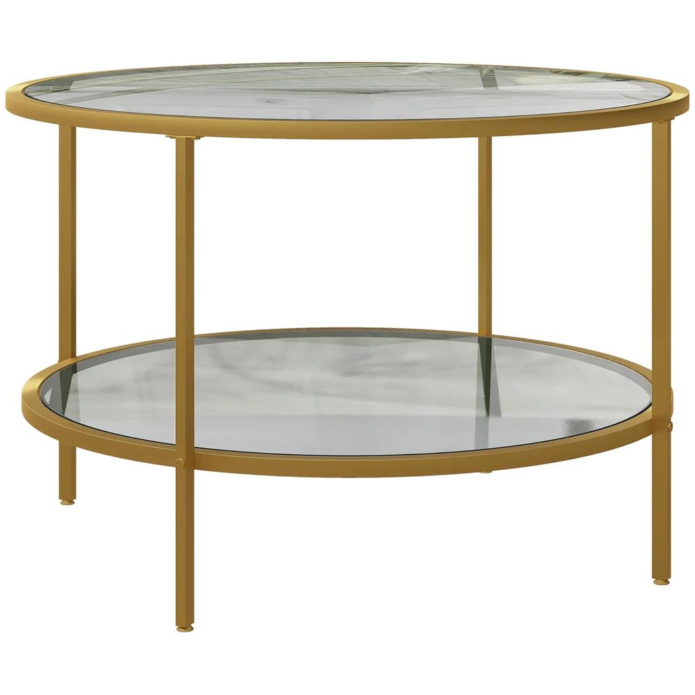 HOMCOM Round Coffee Table with Storage, 2-Tier Tempered Glass Coffee Table with Steel Frame for Living Room, Gold Tone