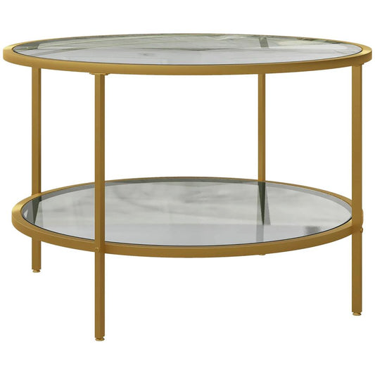 HOMCOM Round Coffee Table with Storage, 2-Tier Tempered Glass Coffee Table with Steel Frame for Living Room, Gold Tone