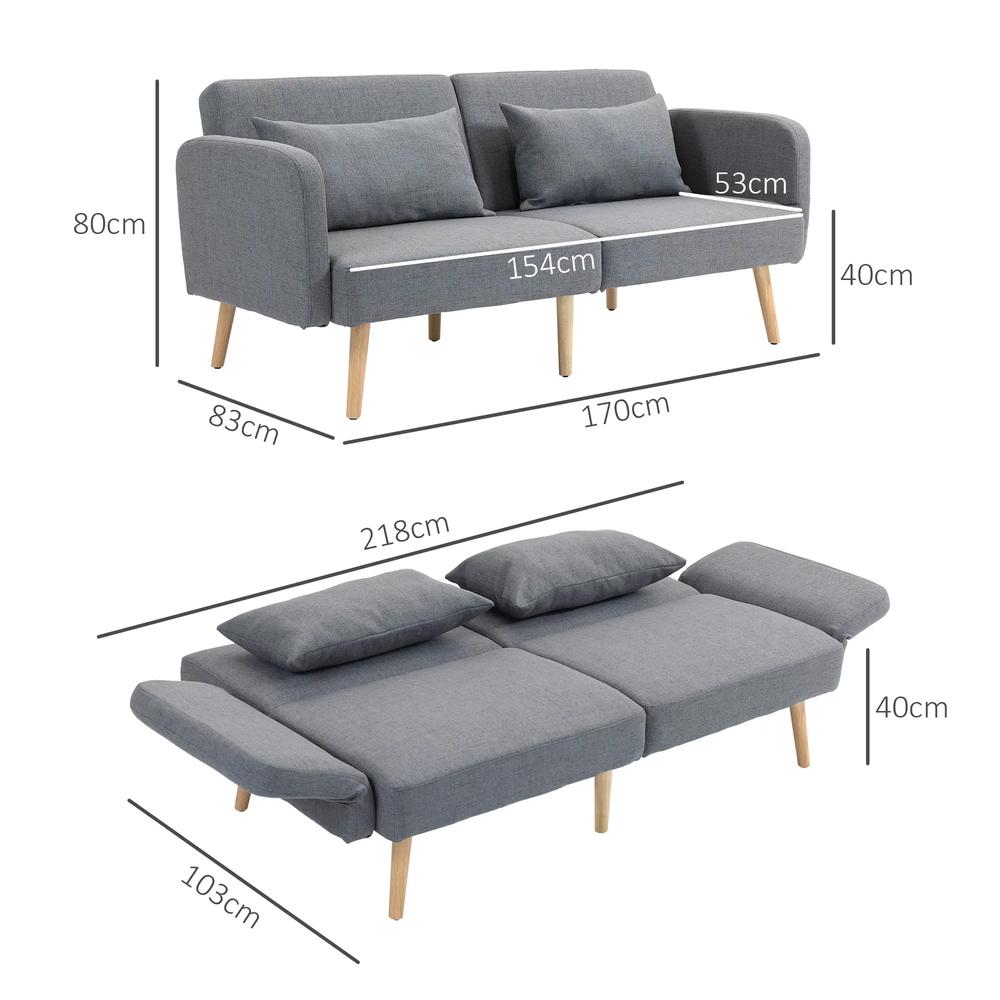 HOMCOM Two-Seater Click-Clack Sofa Bed, with Pillows - Grey Additional View 3