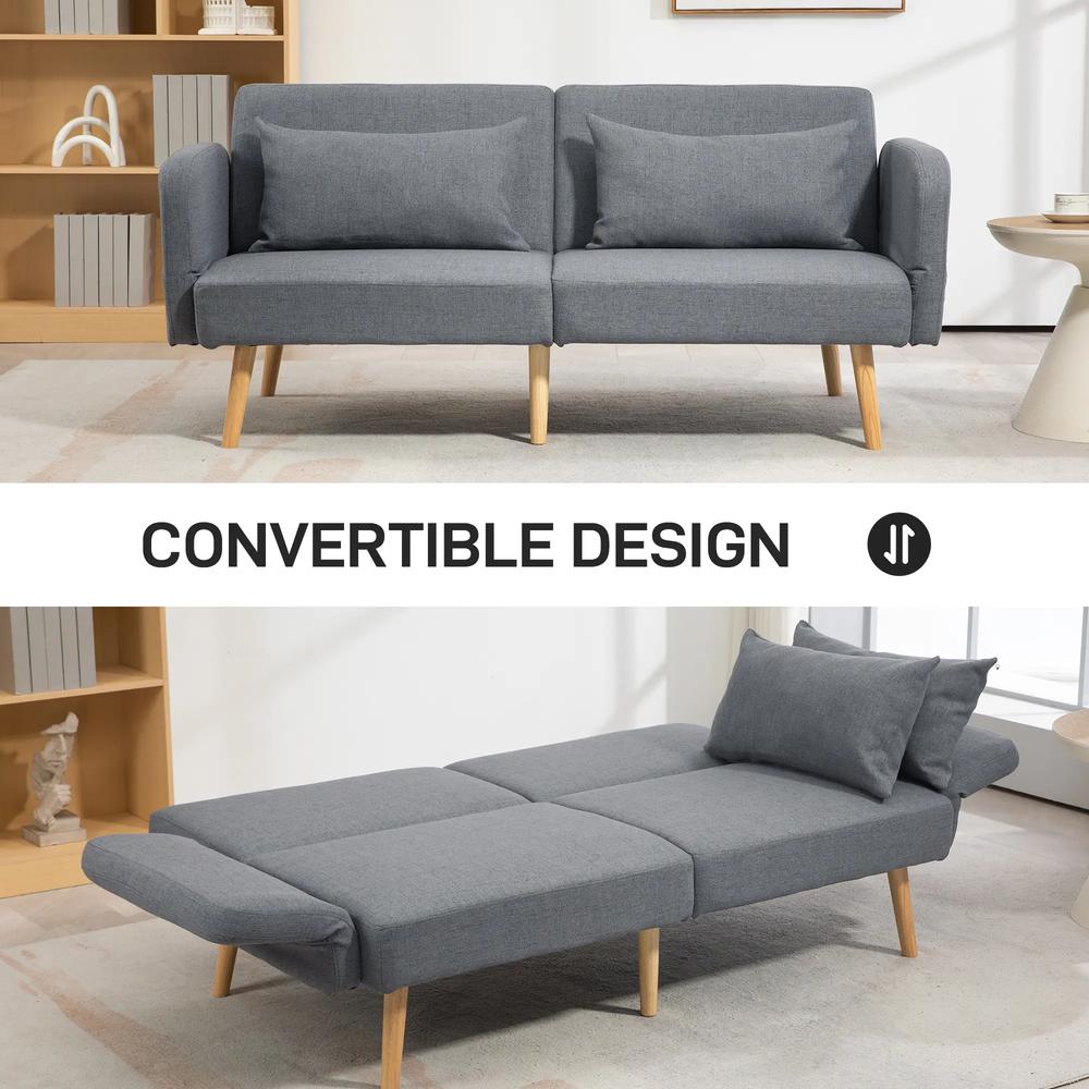 HOMCOM Two-Seater Click-Clack Sofa Bed, with Pillows - Grey Additional View 4