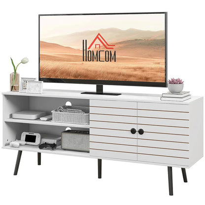 HOMCOM TV Stand with Cupboard, Open Shelves, Striped Doors, Wooden legs, White Additional View 11