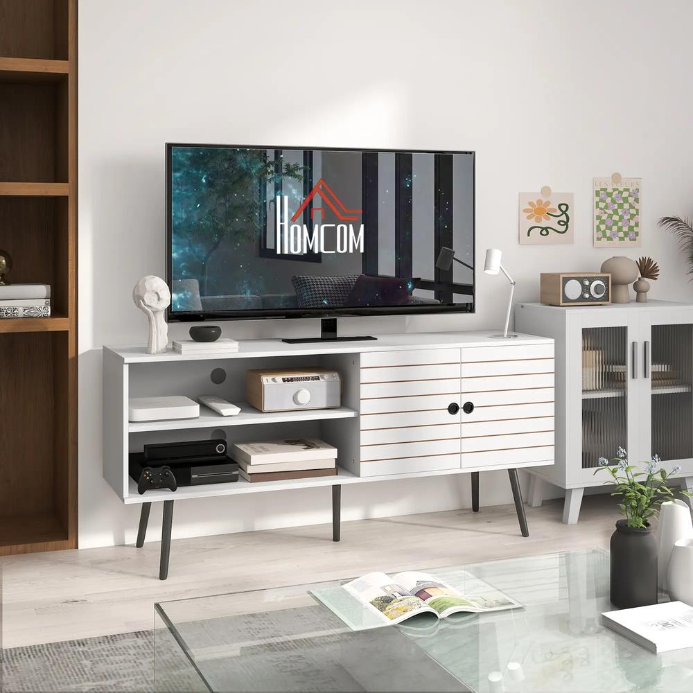 HOMCOM TV Stand with Cupboard, Open Shelves, Striped Doors, Wooden legs, White Additional View 2