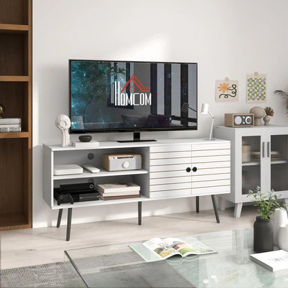 HOMCOM TV Stand with Cupboard, Open Shelves, Striped Doors, Wooden legs, White Additional View 2