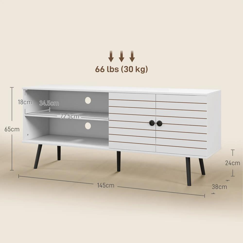 HOMCOM TV Stand with Cupboard, Open Shelves, Striped Doors, Wooden legs, White Additional View 3