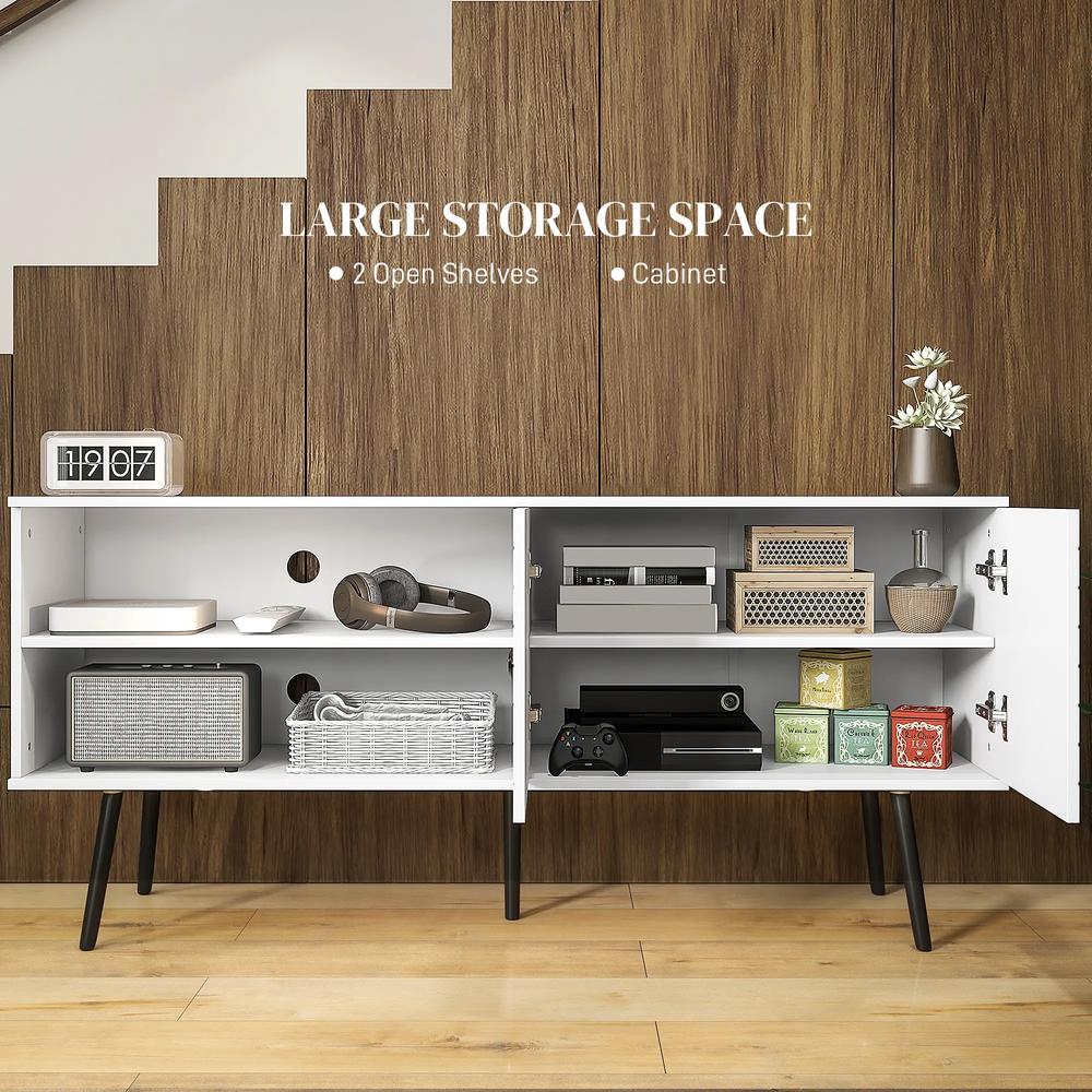 HOMCOM TV Stand with Cupboard, Open Shelves, Striped Doors, Wooden legs, White Additional View 4