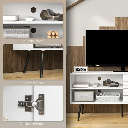 HOMCOM TV Stand with Cupboard, Open Shelves, Striped Doors, Wooden legs, White Additional View 6