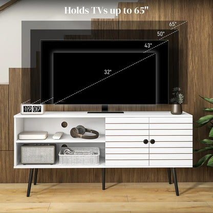 HOMCOM TV Stand with Cupboard, Open Shelves, Striped Doors, Wooden legs, White Additional View 7