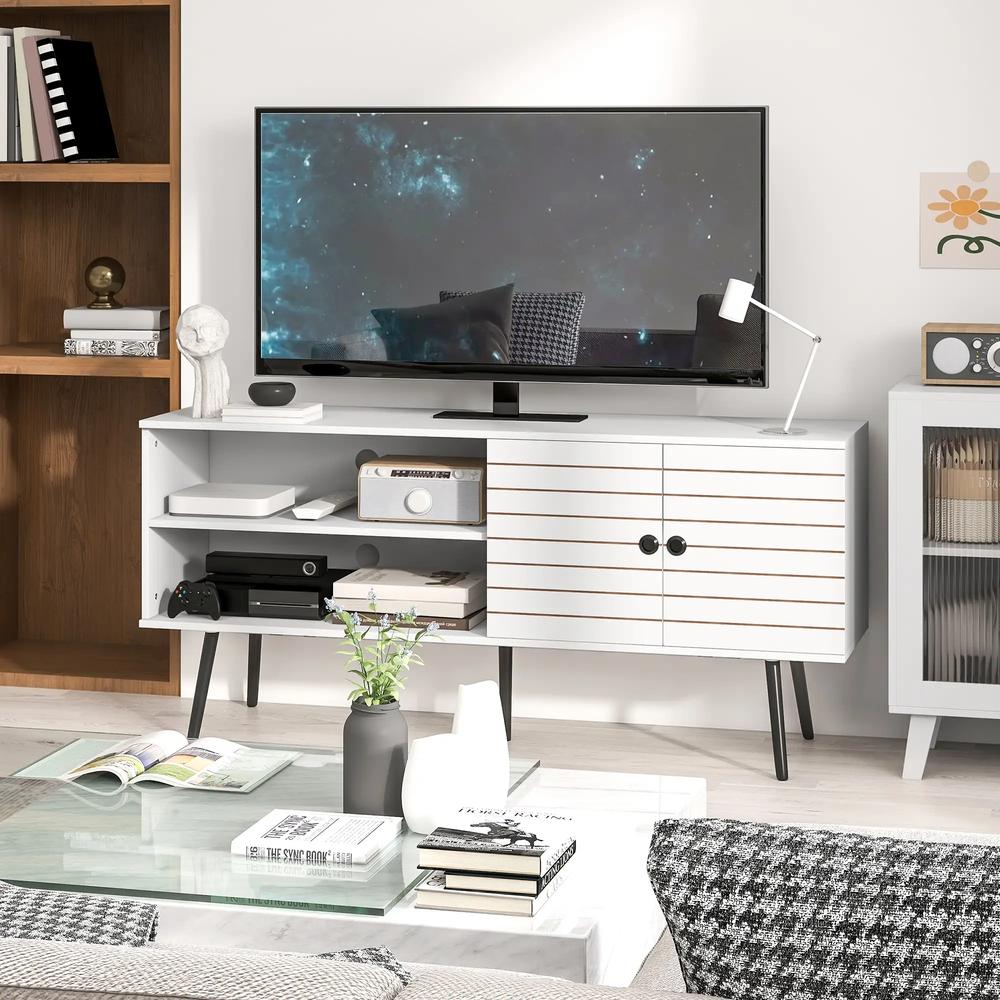 HOMCOM TV Stand with Cupboard, Open Shelves, Striped Doors, Wooden legs, White Additional View 8
