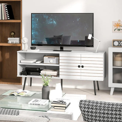 HOMCOM TV Stand with Cupboard, Open Shelves, Striped Doors, Wooden legs, White Additional View 8