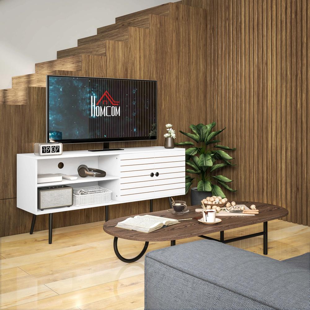 HOMCOM TV Stand with Cupboard, Open Shelves, Striped Doors, Wooden legs, White Additional View 9