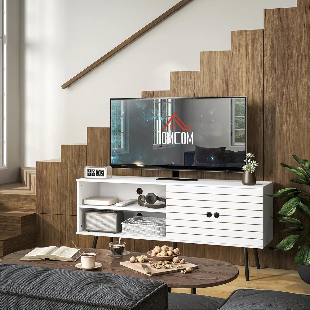 HOMCOM TV Stand with Cupboard, Open Shelves, Striped Doors, Wooden legs, White Additional View 10