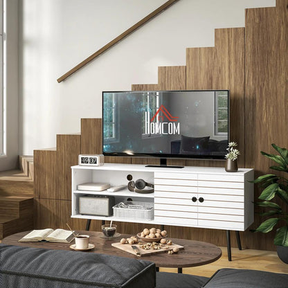 HOMCOM TV Stand with Cupboard, Open Shelves, Striped Doors, Wooden legs, White Additional View 10