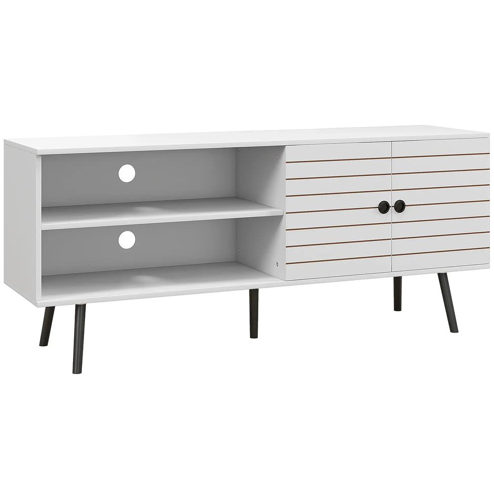 HOMCOM TV Stand with Cupboard, Open Shelves, Striped Doors, Wooden legs, White