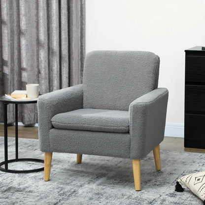 HOMCOM Armchair, Upholstered Accent Chair with Wood Legs and Wide Padded Seat, Teddy Occasional Chair, Grey Additional View 2