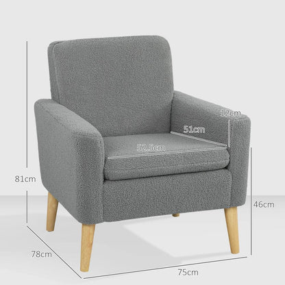 HOMCOM Armchair, Upholstered Accent Chair with Wood Legs and Wide Padded Seat, Teddy Occasional Chair, Grey Additional View 3