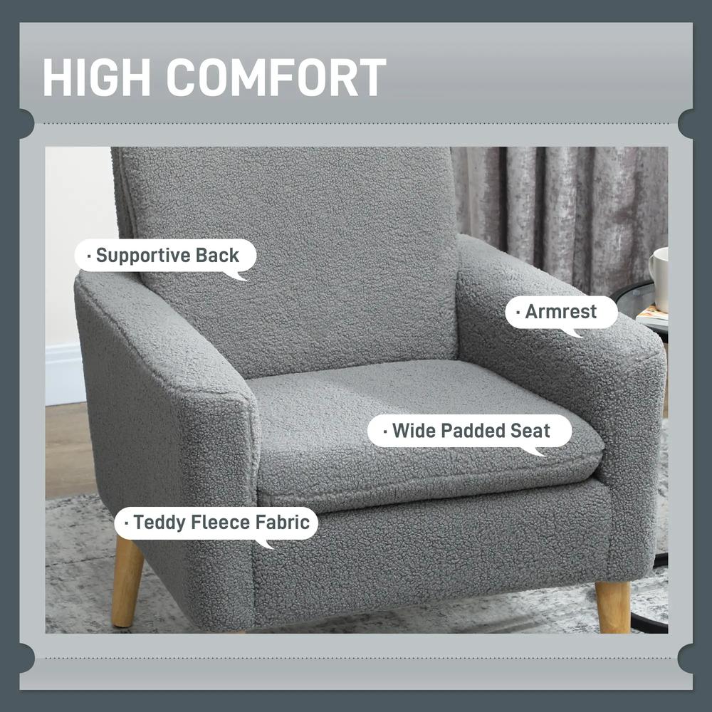 HOMCOM Armchair, Upholstered Accent Chair with Wood Legs and Wide Padded Seat, Teddy Occasional Chair, Grey Additional View 4