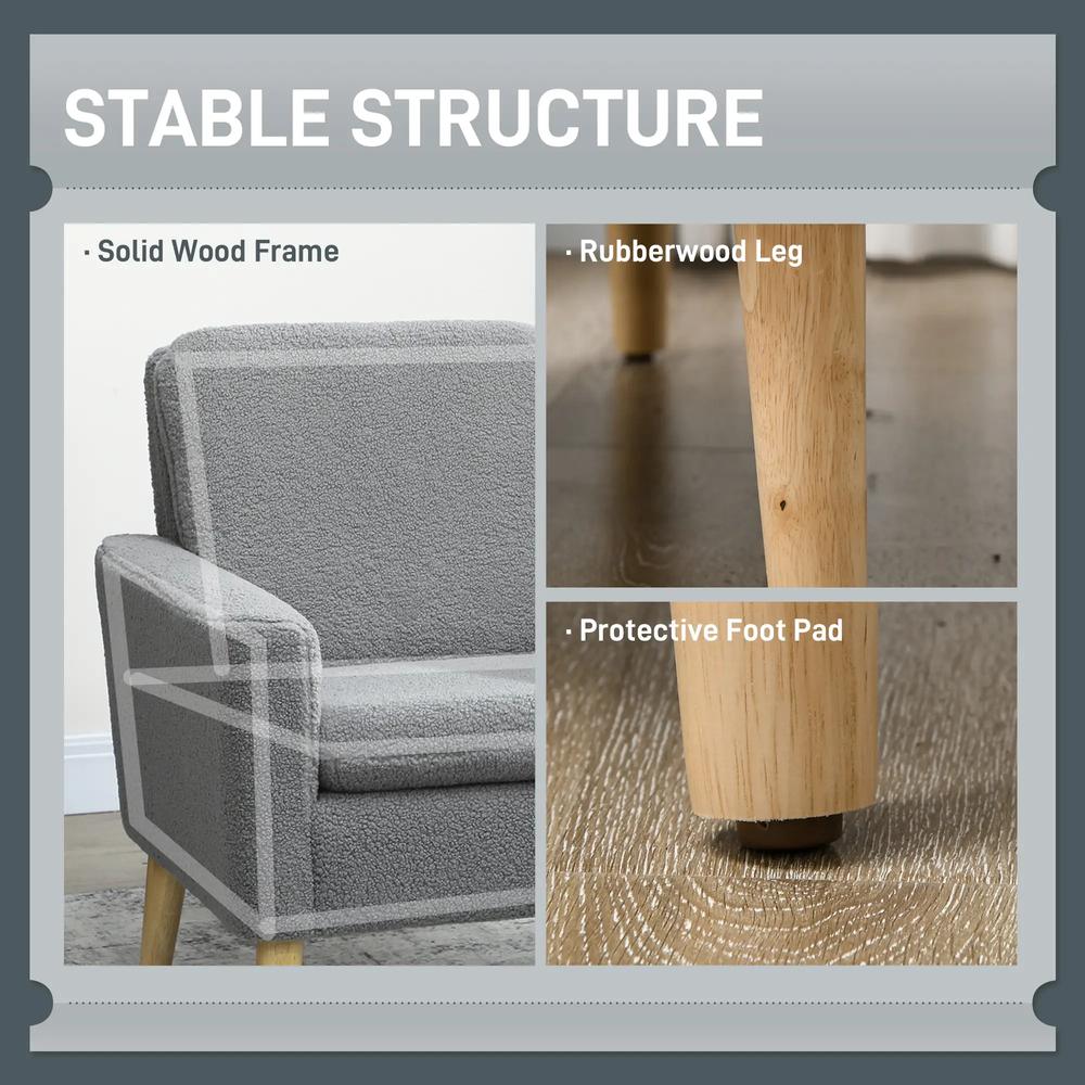 HOMCOM Armchair, Upholstered Accent Chair with Wood Legs and Wide Padded Seat, Teddy Occasional Chair, Grey Additional View 5