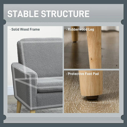 HOMCOM Armchair, Upholstered Accent Chair with Wood Legs and Wide Padded Seat, Teddy Occasional Chair, Grey Additional View 5