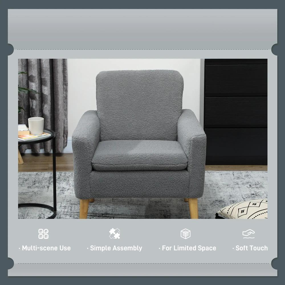 HOMCOM Armchair, Upholstered Accent Chair with Wood Legs and Wide Padded Seat, Teddy Occasional Chair, Grey Additional View 6