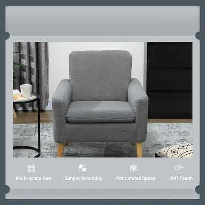 HOMCOM Armchair, Upholstered Accent Chair with Wood Legs and Wide Padded Seat, Teddy Occasional Chair, Grey Additional View 6