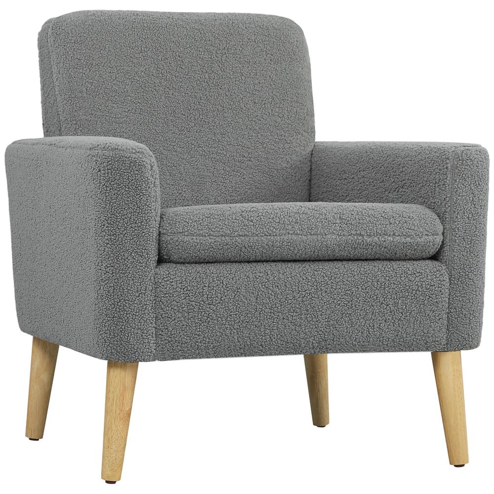HOMCOM Armchair, Upholstered Accent Chair with Wood Legs and Wide Padded Seat, Teddy Occasional Chair, Grey