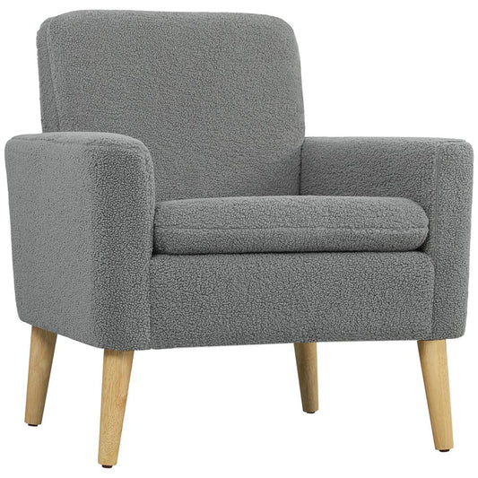 HOMCOM Armchair, Upholstered Accent Chair with Wood Legs and Wide Padded Seat, Teddy Occasional Chair, Grey