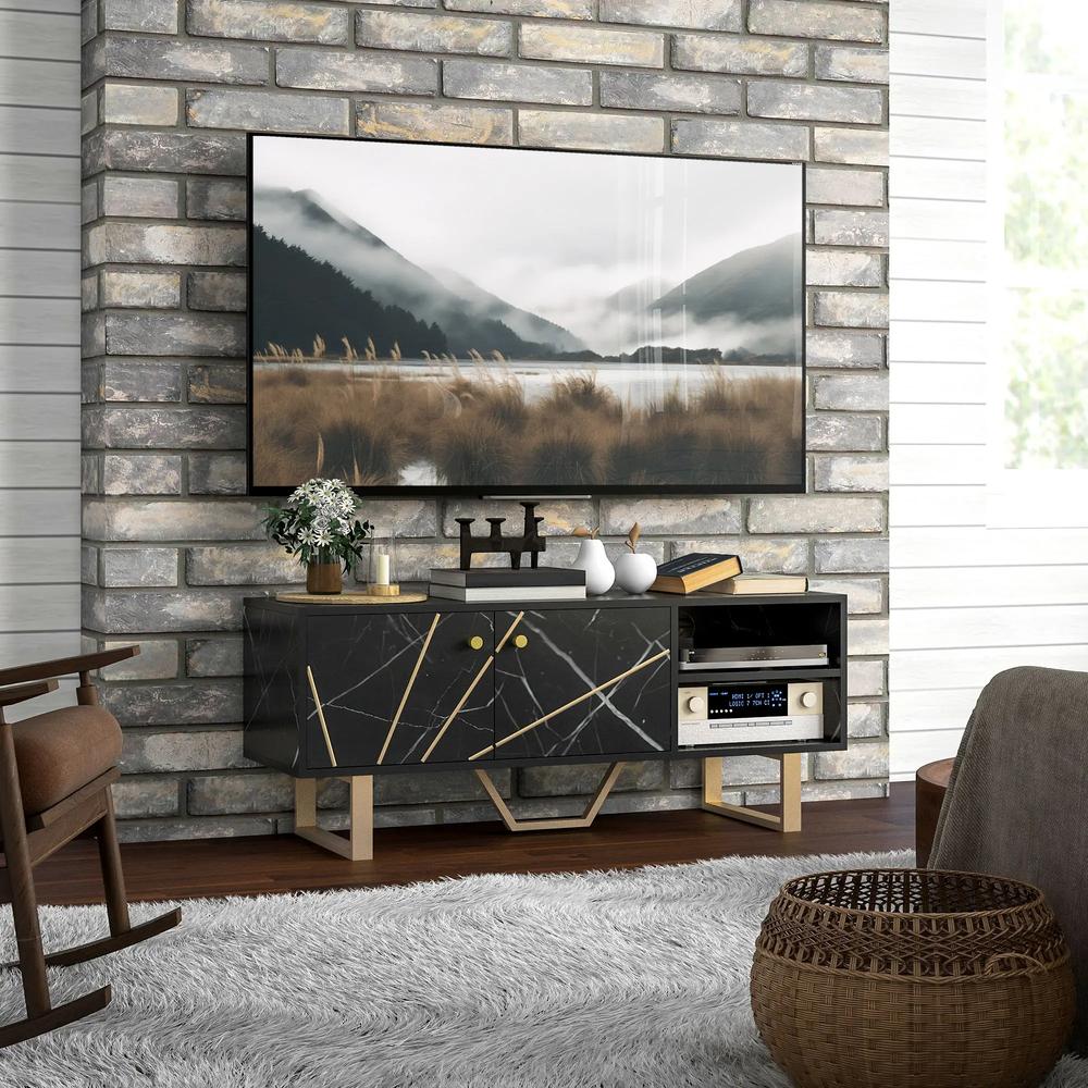 HOMCOM TV Stand Cabinet for TVs up to 50 Inches, TV Unit with Storage Shelves and Cupboard for Living Room, Black Marble Tone Additional View 2