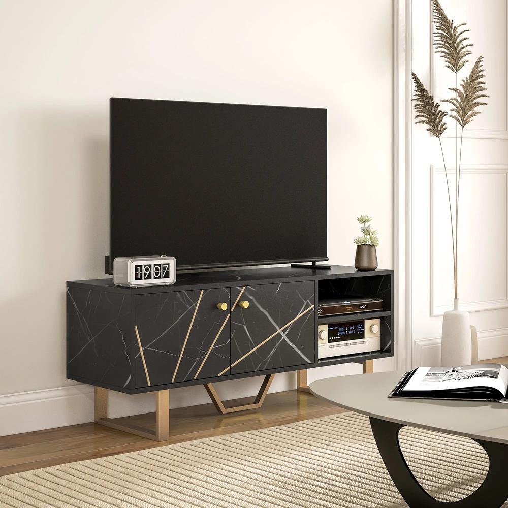 HOMCOM TV Stand Cabinet for TVs up to 50 Inches, TV Unit with Storage Shelves and Cupboard for Living Room, Black Marble Tone Additional View 10