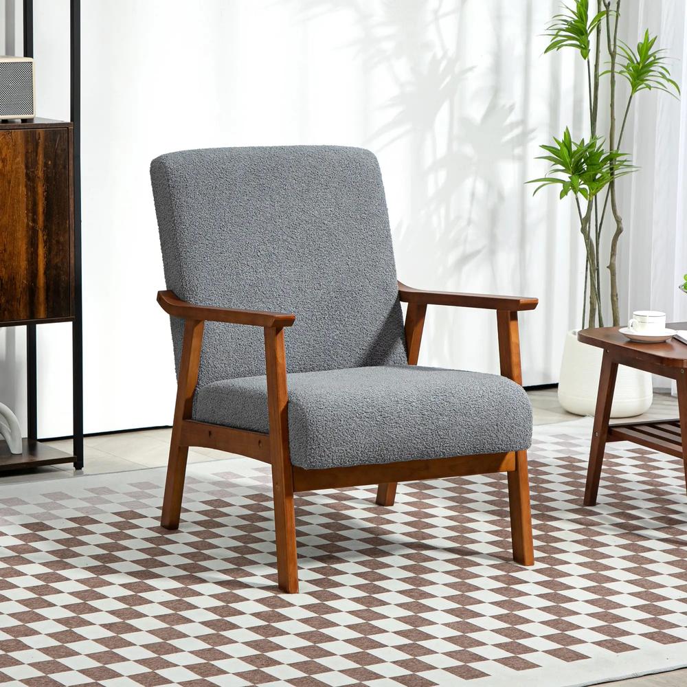 HOMCOM Armchair with Wide Seat, Boucle Accent Chair, Thick Padded Occasional Chair with Solid Wood Frame for Living Room Bedroom Home Office Reception Balcony, Grey Additional View 2