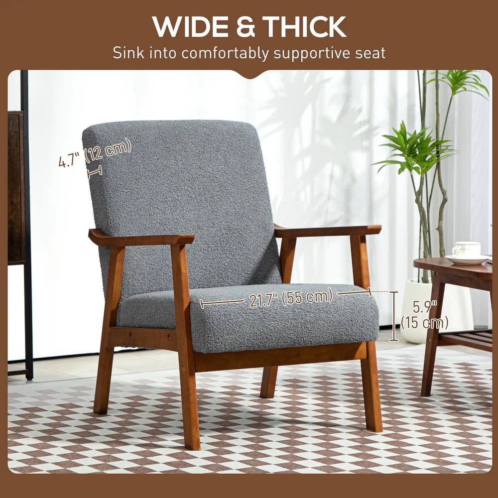 HOMCOM Armchair with Wide Seat, Boucle Accent Chair, Thick Padded Occasional Chair with Solid Wood Frame for Living Room Bedroom Home Office Reception Balcony, Grey Additional View 4