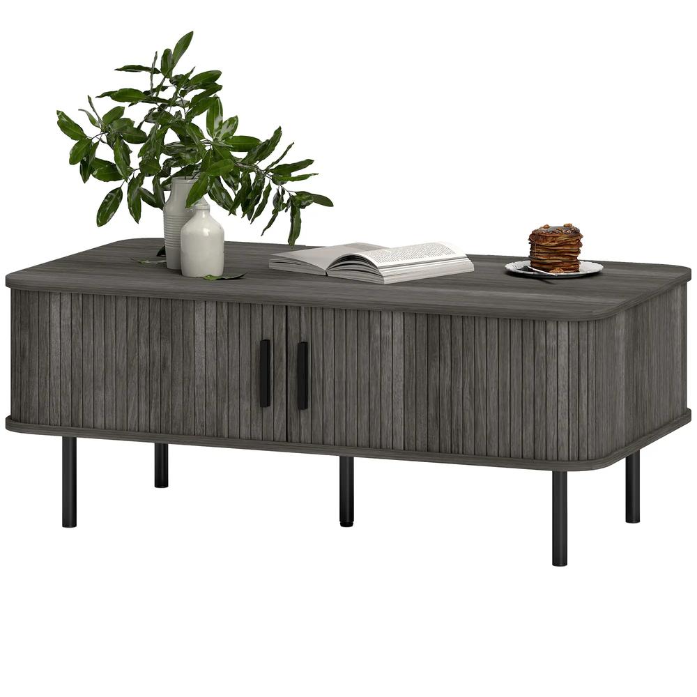 HOMCOM Coffee Table with Storage, Living Room Table with Slatted Tambour Sliding Doors and Adjustable Foot Pads, Rectangular Coffee Table with Elevated Base for Living Room Additional View 11