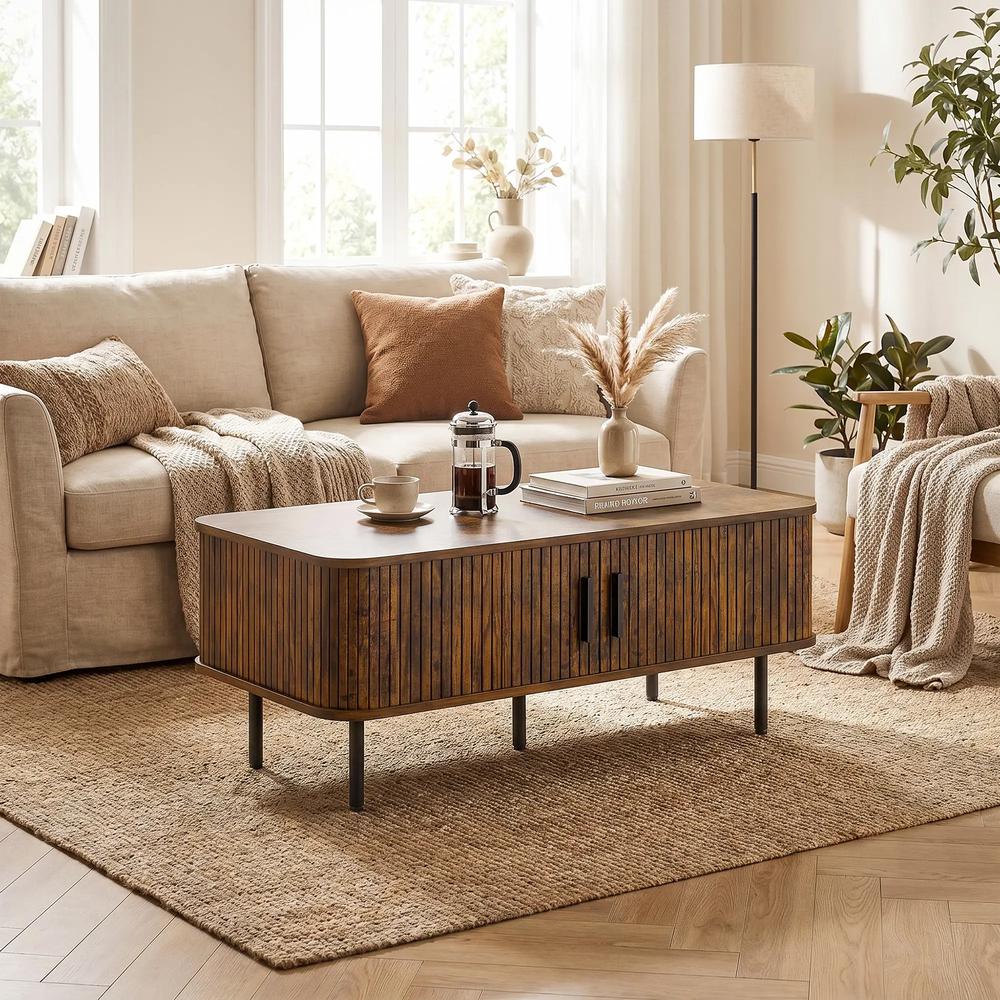 HOMCOM Coffee Table with Storage, Living Room Table with Slatted Tambour Sliding Doors and Adjustable Foot Pads, Rectangular Coffee Table with Elevated Base for Living Room Additional View 13