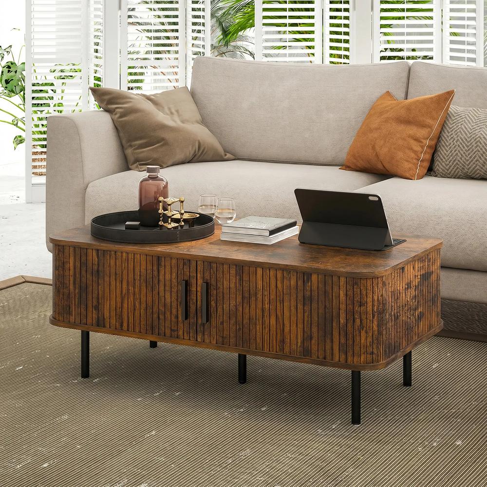 HOMCOM Coffee Table with Storage, Living Room Table with Slatted Tambour Sliding Doors and Adjustable Foot Pads, Rectangular Coffee Table with Elevated Base for Living Room Additional View 19