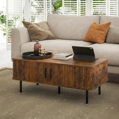 HOMCOM Coffee Table with Storage, Living Room Table with Slatted Tambour Sliding Doors and Adjustable Foot Pads, Rectangular Coffee Table with Elevated Base for Living Room Additional View 19
