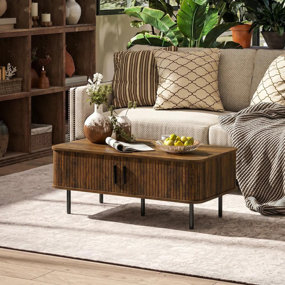 HOMCOM Coffee Table with Storage, Living Room Table with Slatted Tambour Sliding Doors and Adjustable Foot Pads, Rectangular Coffee Table with Elevated Base for Living Room Additional View 20