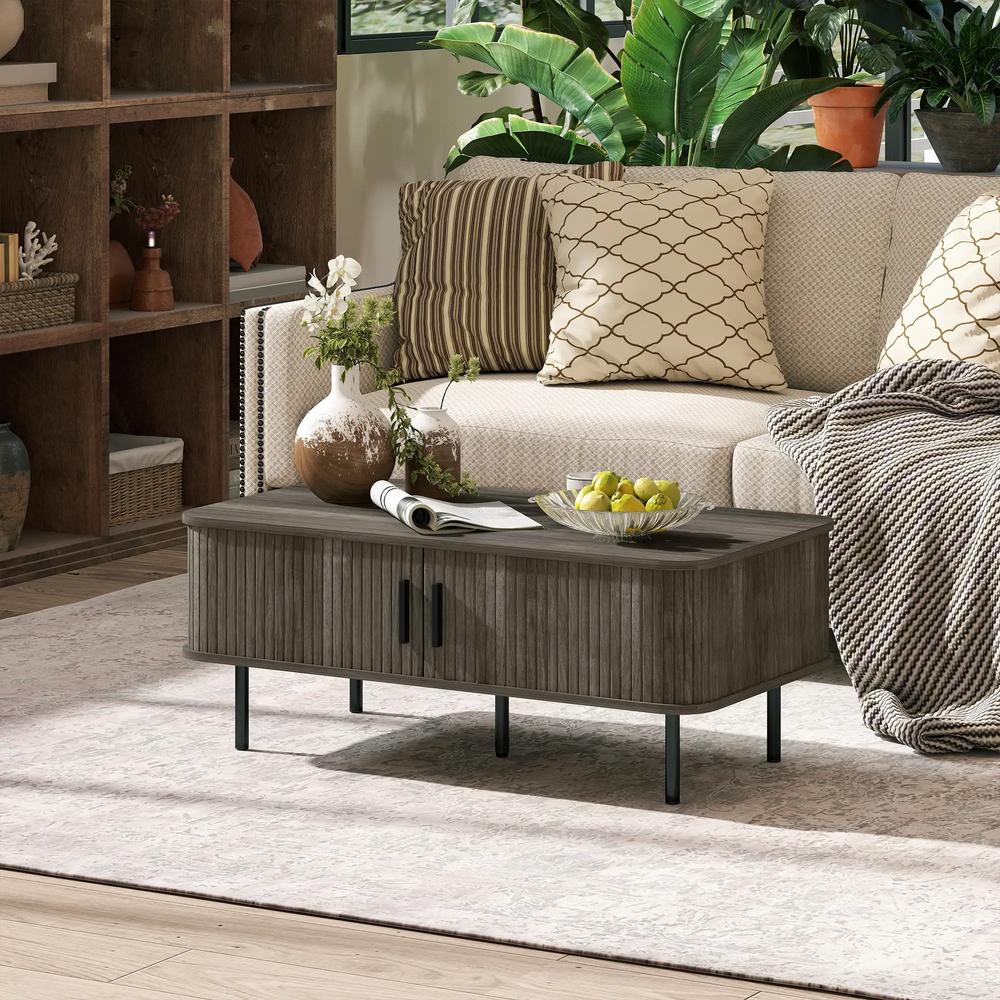 HOMCOM Coffee Table with Storage, Living Room Table with Slatted Tambour Sliding Doors and Adjustable Foot Pads, Rectangular Coffee Table with Elevated Base for Living Room Additional View 2