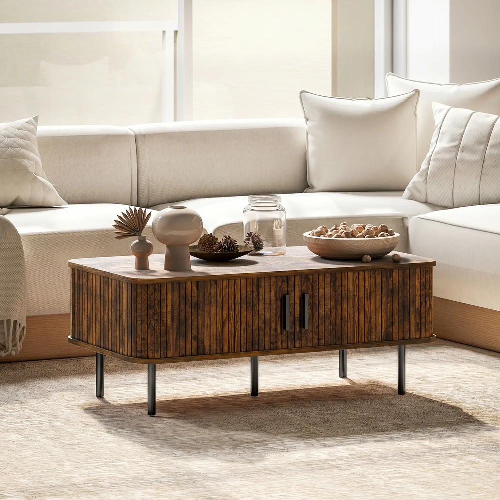 HOMCOM Coffee Table with Storage, Living Room Table with Slatted Tambour Sliding Doors and Adjustable Foot Pads, Rectangular Coffee Table with Elevated Base for Living Room Additional View 21