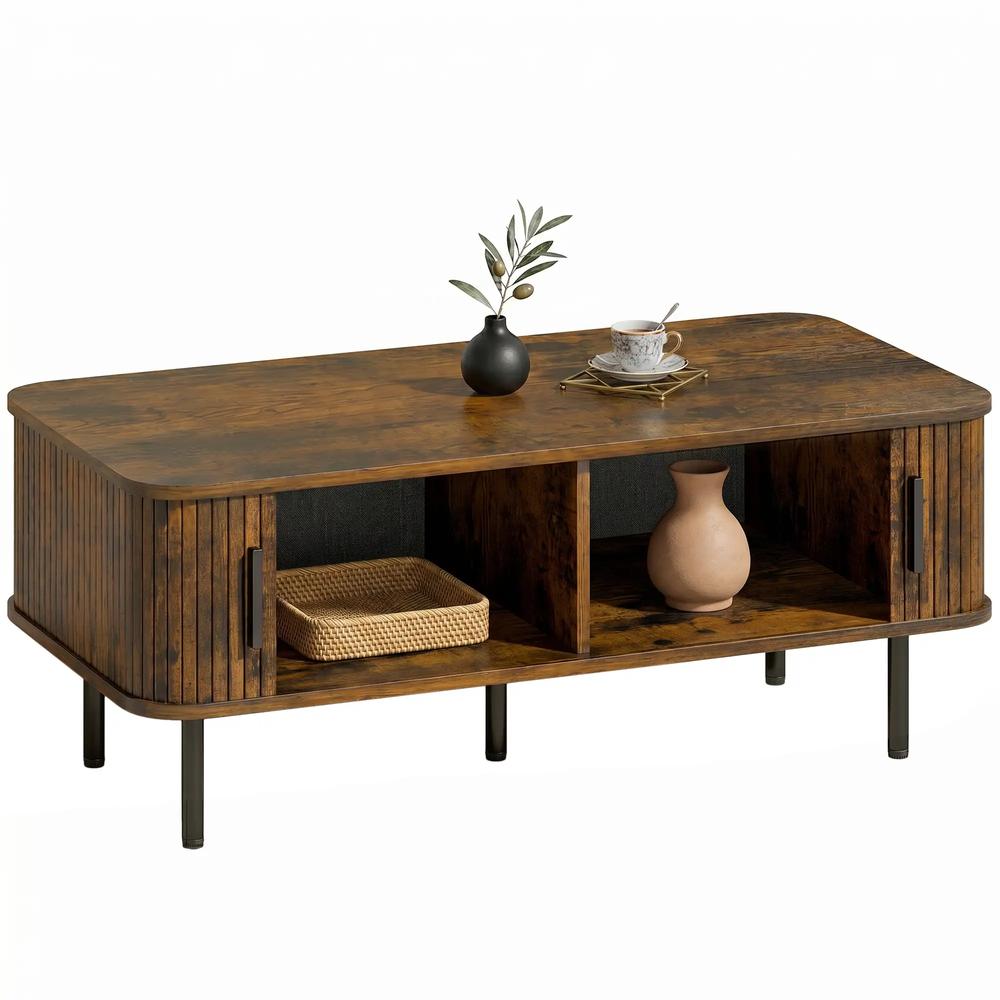 HOMCOM Coffee Table with Storage, Living Room Table with Slatted Tambour Sliding Doors and Adjustable Foot Pads, Rectangular Coffee Table with Elevated Base for Living Room Additional View 22
