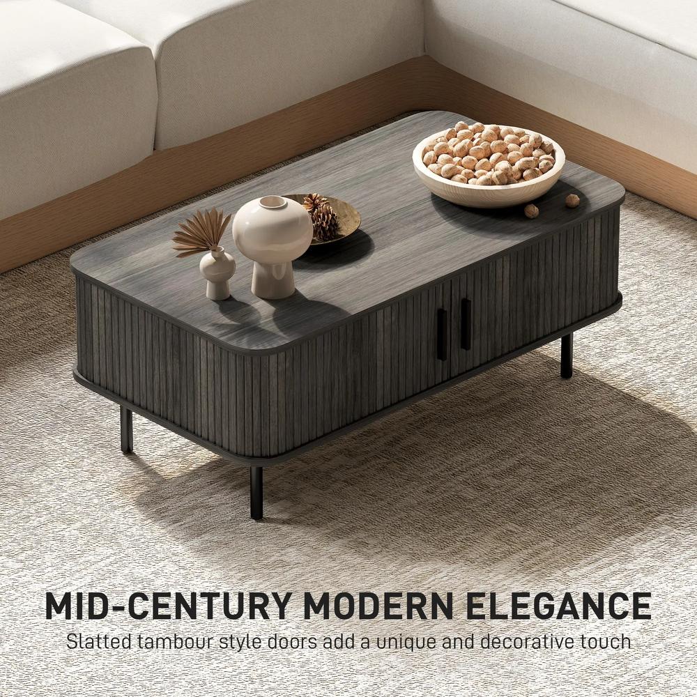 HOMCOM Coffee Table with Storage, Living Room Table with Slatted Tambour Sliding Doors and Adjustable Foot Pads, Rectangular Coffee Table with Elevated Base for Living Room Additional View 4