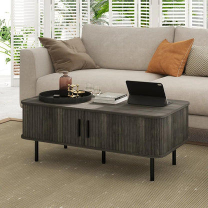 HOMCOM Coffee Table with Storage, Living Room Table with Slatted Tambour Sliding Doors and Adjustable Foot Pads, Rectangular Coffee Table with Elevated Base for Living Room Additional View 8