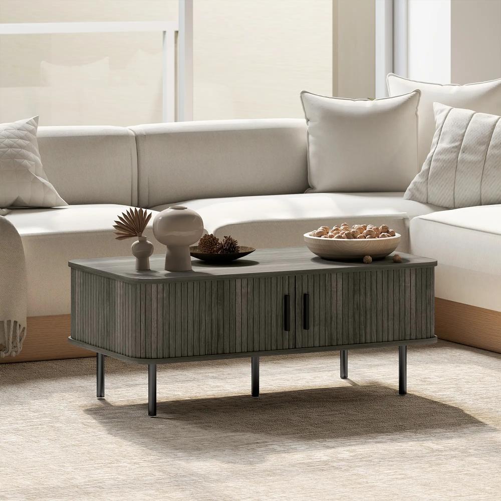 HOMCOM Coffee Table with Storage, Living Room Table with Slatted Tambour Sliding Doors and Adjustable Foot Pads, Rectangular Coffee Table with Elevated Base for Living Room Additional View 10